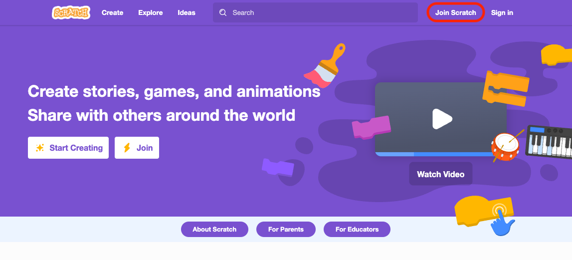 The Scratch homepage, with the Join Scratch button highlighted top-right