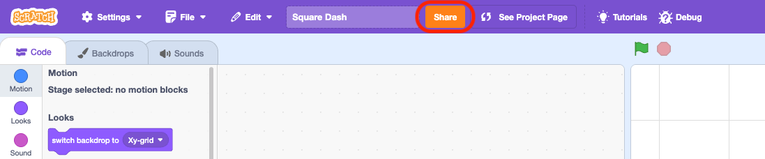 The Scratch editor, with the Share button highlighted